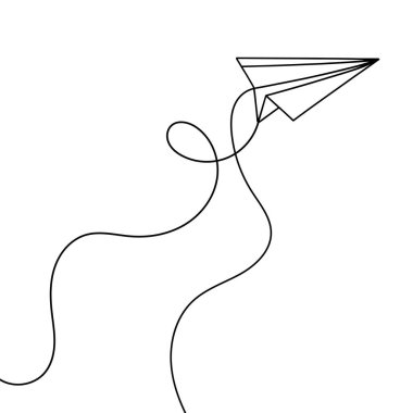 Kağıt uçağın sürekli doğrusal çizimi. Bir çizgi kağıt uçak çiziyor. Kağıt uçak tek sıra şeklinde. Vektör illüstrasyonu.