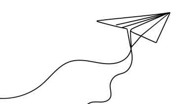 Kağıt uçağın sürekli doğrusal çizimi. Bir çizgi kağıt uçak çiziyor. Kağıt uçak tek sıra şeklinde. Vektör illüstrasyonu.