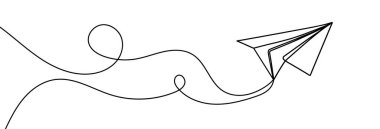 Kağıt uçağın sürekli doğrusal çizimi. Bir çizgi kağıt uçak çiziyor. Kağıt uçak tek sıra şeklinde. Vektör illüstrasyonu.