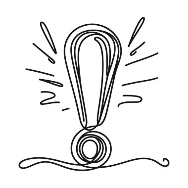 Ünlem işaretinin sürekli doğrusal çizimi. Bir satır ünlem işareti çiziyor. Ünlem işareti tek satır şeklinde. Vektör illüstrasyonu.