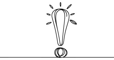 Ünlem işaretinin sürekli doğrusal çizimi. Bir satır ünlem işareti çiziyor. Ünlem işareti tek satır şeklinde. Vektör illüstrasyonu.