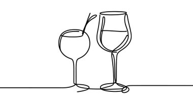 Minimalist çizgiler iki bardağı kokteyllerle temsil ediyor. Vektör illüstrasyonu.