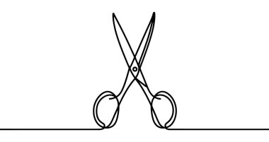Minimalist vektör illüstrasyonu, tek bir sürekli çizgi kullanarak bir makas çiftini temsil eder. Vektör illüstrasyonu.