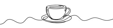 Minimalist sürekli çizgiler bir fincan fincan kahveyi temsil ediyor. Vektör illüstrasyonu.
