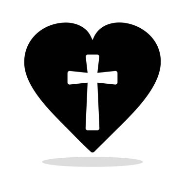 Kalp ikonu. Beyaz Hıristiyan haçı içeren siyah bir kalp silueti, Hıristiyan inancını ve sevgisini simgeliyor. Vektör illüstrasyonu