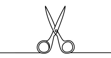 Minimalist vektör illüstrasyonu, tek bir sürekli çizgi kullanarak bir makas çiftini temsil eder. Vektör illüstrasyonu.