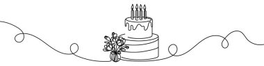 Minimalist illüstrasyon bir pastayı mumla temsil ediyor ve sürekli tek bir çizgiyle süslüyor.