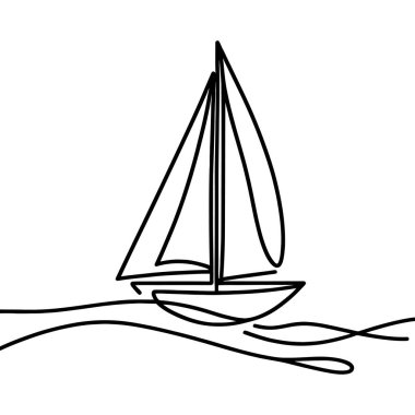 Dalgalar üzerinde yelkenli sürüşünün minimalist bir çizimi. Seyahat ve eğlence kavramı