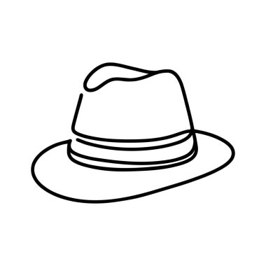 Zarif fötr şapka ikonu. Fötr şapkanın siyah beyaz çizgi filmi. Vektör illüstrasyonu