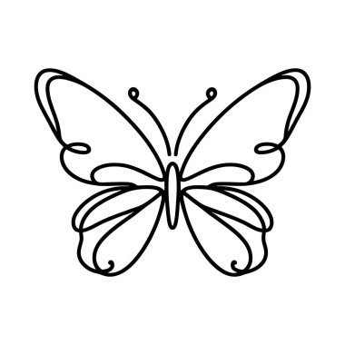 Zarif kelebek doğrusal simgesi. Siyah beyaz bir kelebek çizgi filmi. Vektör illüstrasyonu