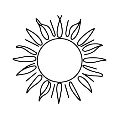 Doğrusal güneş simgesi. Elle çizilmiş güneşin siyah beyaz görüntüsü. Vektör illüstrasyonu