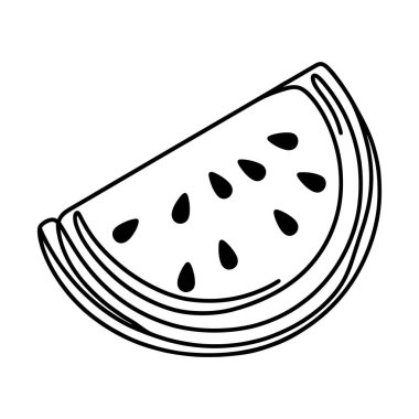 Doğrusal karpuz dilimi simgesi. Elle çizilmiş karpuz diliminin siyah beyaz görüntüsü. Vektör illüstrasyonu