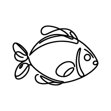 Yüzen bir balığın basit siyah-beyaz çizimi, çocuk kitapları veya eğitici materyaller için mükemmel.