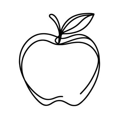 Tek yapraklı, beyaz arkaplanda izole edilmiş bir elma simgesinin basit siyah çizimi