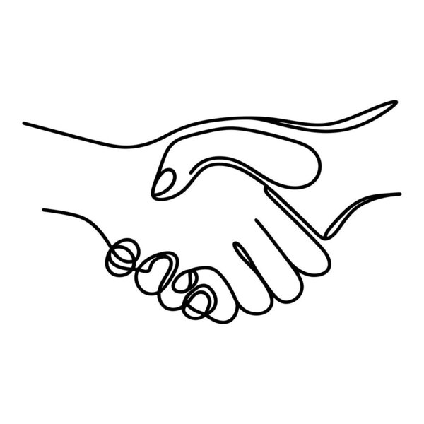 One continuous line illustration of a handshake, isolated on white background. Line art of a handshake
