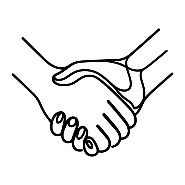 One continuous line illustration of a handshake, isolated on white background. Line art of a handshake