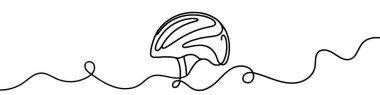 One continuous line illustration of a cyclist helmet, isolated on white background. Line art of a bike helmet clipart