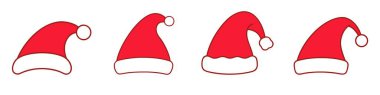 Kırmızı Noel Baba şapkası ikonları. Mutlu Noeller şirin şey. Noel şapkası işareti. Vektör illüstrasyonu