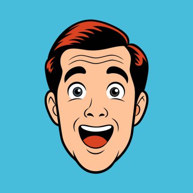 Hayranlık duyan ya da şaşıran genç bir adamın yüzü. Retro pop sanat çizgi stili. Vektör illüstrasyonu.