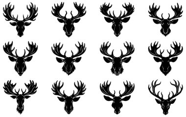 Kuzey ren geyiği. Boynuzlu bir Noel geyiğinin siyah silueti. Vektör illüstrasyonu