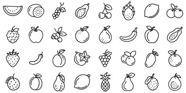 Meyve ikonları. Meyve ve meyvelerin siyah lineer simgeleri. Meyve ve böğürtlen sembolleri. Vektör illüstrasyonu