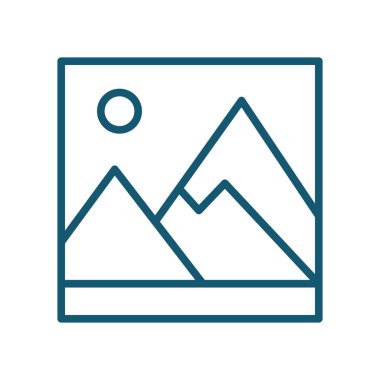 Galeri ikonu. Güneşli dağ manzarası. Manzara resminin basit bir çizgisi sanat simgesi. Vektör illüstrasyonu