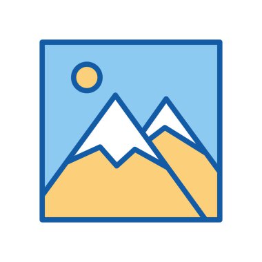 Galeri ikonu. Güneşli dağ manzarası. Manzara resminin basit bir çizgisi sanat simgesi. Vektör illüstrasyonu