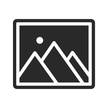 Galeri ikonu. Güneşli dağ manzarası. Manzara resminin basit bir çizgisi sanat simgesi. Vektör illüstrasyonu