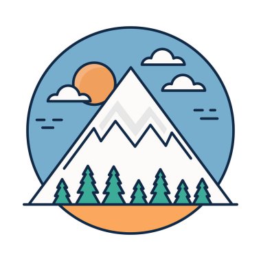 Çam ağaçları ve bulutlarla kaplı karlı dağ. Seyahat konsepti. Dağ manzarası çizimi. Vektör illüstrasyonu