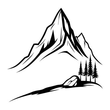 Dağ zirvesinin siyah beyaz görüntüsü. Rocky cliff. Seyahat konsepti. Dağ manzarası çizimi. Vektör illüstrasyonu