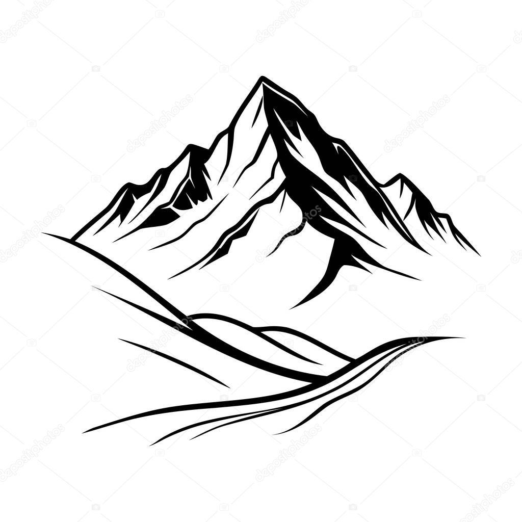 Black and white image of a mountain peak. Rocky cliff. Travel concept. Mountain landscape illustration. Vector illustration