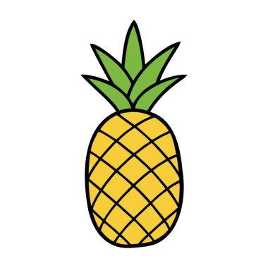 Ananas görüntüsü. Yeşil yapraklı olgun bir ananasın çizgi film çizimi. Vektör illüstrasyonu