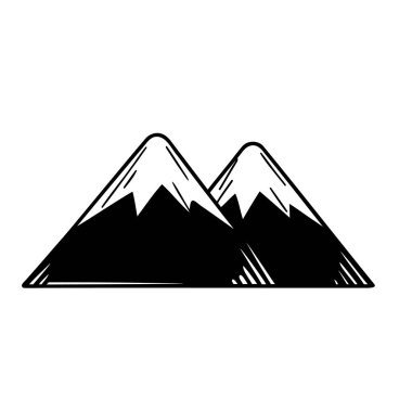 Karla kaplı iki görkemli dağ zirvesinin el çizimi düz beyaz zemin üzerinde çarpıcı bir kontrastı yaratıyor.