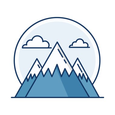 Çam ağaçları ve bulutlarla kaplı karlı dağ. Seyahat konsepti. Dağ manzarası çizimi. Vektör illüstrasyonu