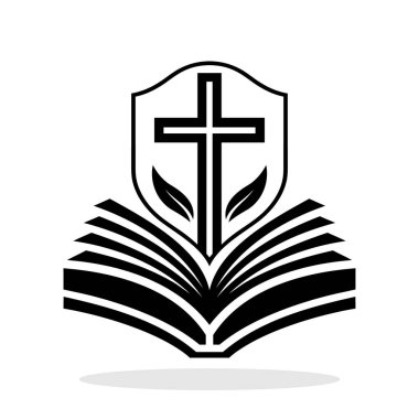Din ikonu. Açık İncil 'in üzerinde duran basit siyah-beyaz Hıristiyan haçı ikonu. Vektör illüstrasyonu