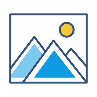 Galeri ikonu. Güneşli dağ manzarası. Manzara resminin basit bir çizgisi sanat simgesi. Vektör illüstrasyonu