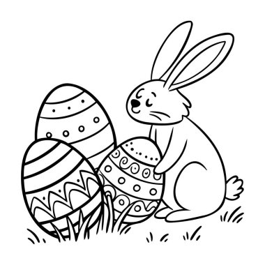 Tavşanlı ve yumurtalı Paskalya posteri. El yapımı yumurta ve tavşan mutlu Paskalyalar diliyor. Vektör illüstrasyonu