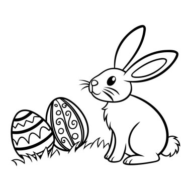 Tavşanlı ve yumurtalı Paskalya posteri. El yapımı yumurta ve tavşan mutlu Paskalyalar diliyor. Vektör illüstrasyonu