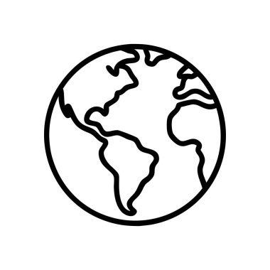 Dünya ikonu. Beyaz arka planda izole edilmiş kıtaları ve okyanusları olan Dünya gezegeni. Kara Küre sembolü. Vektör illüstrasyonu