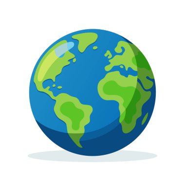 Dünya ikonu. Beyaz arka planda izole edilmiş kıtaları ve okyanusları olan Dünya gezegeni. Küre sembolü. Vektör illüstrasyonu