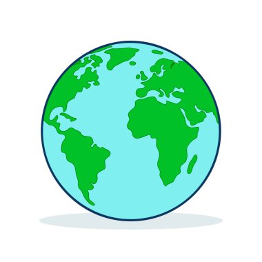 Dünya ikonu. Beyaz arka planda izole edilmiş kıtaları ve okyanusları olan Dünya gezegeni. Küre sembolü. Vektör illüstrasyonu