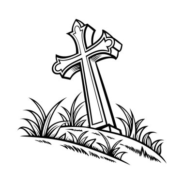 Hıristiyan haçı ikonu. Çimen ve kayalarla dolu bir tepede duran Kelt haçının basit bir simgesi. Siyah Kilise sembolü. Vektör illüstrasyonu