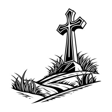 Hıristiyan haçı ikonu. Çimen ve kayalarla dolu bir tepede duran Kelt haçının basit bir simgesi. Siyah Kilise sembolü. Vektör illüstrasyonu