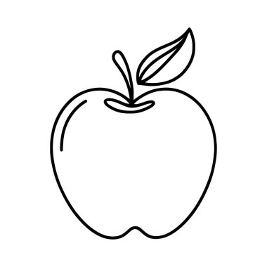 Tek yapraklı, beyaz arkaplanda izole edilmiş bir elma simgesinin basit siyah çizimi