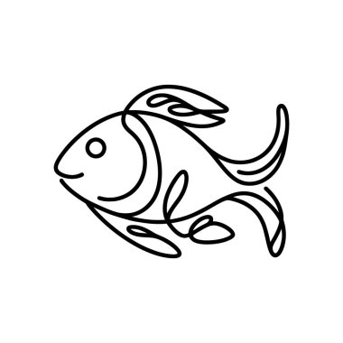 Yüzen bir balığın basit siyah-beyaz çizimi, çocuk kitapları veya eğitici materyaller için mükemmel.