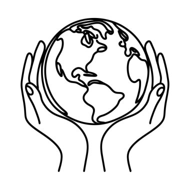 Doğrusal gezegen Dünya ellerinde, beyaz arka planda izole edilmiş. Kara El, Dünya gezegenini ele geçirdi. Vektör illüstrasyonu