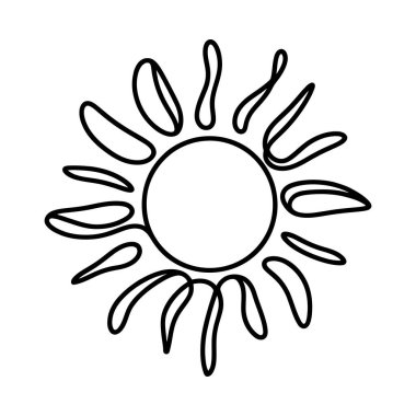 Doğrusal güneş simgesi. Elle çizilmiş güneşin siyah beyaz görüntüsü. Vektör illüstrasyonu
