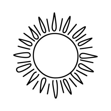 Doğrusal güneş simgesi. Elle çizilmiş güneşin siyah beyaz görüntüsü. Vektör illüstrasyonu