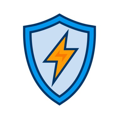Şimşek sembollü bir kalkan simgesi. Enerji koruması, siber güvenlik, güç güvenliği ve dijital güvenlik kavramı. Vektör illüstrasyonu