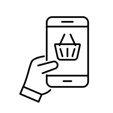 İnternetten alışveriş ikonu. Çevrimiçi akıllı telefon simgesinde. Düzenlenebilir felç. Vektör illüstrasyonu